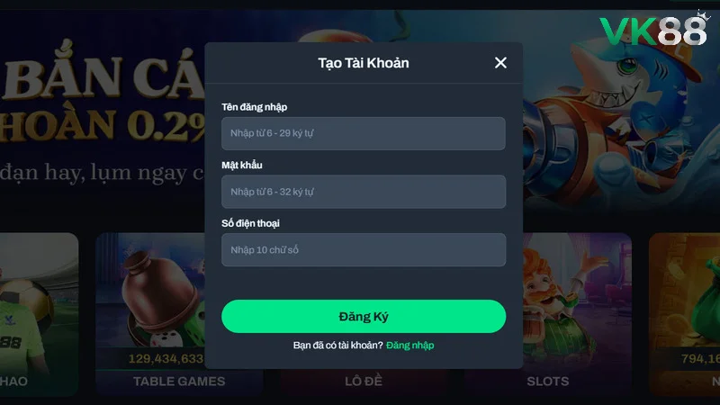 Giao diện đăng ký tài khoản Vk88 tại nền tảng