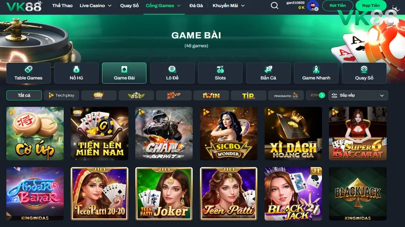 Trải nghiệm kho game bài đổi thưởng đa dạng tại Vk88