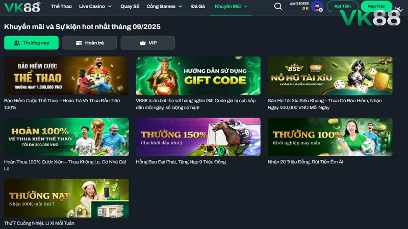 Hệ thống ưu đãi khủng cho hội viên Vk 88