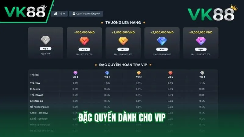 Ưu đãi dành riêng cho hội viên VIP của nhà cái VK88